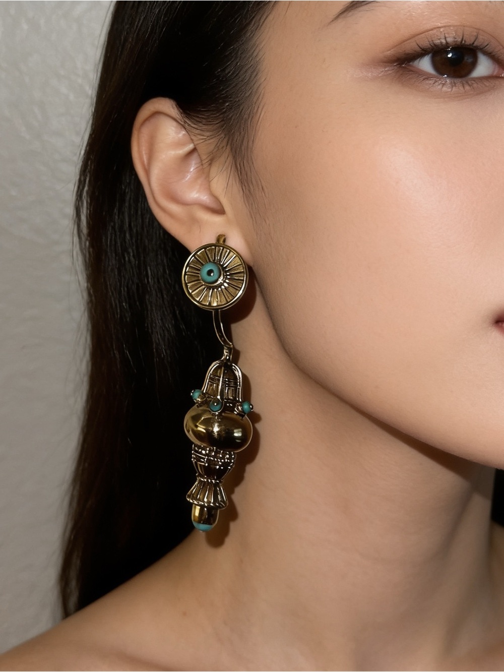 Vintage Camilla 3.5” goldtone turquoise tribal inspired boho drop earrings
